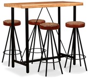 vidaXL Set mobilier bar, 5 piese, lemn acacia, piele naturală & pânză