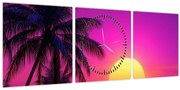 Tablou - Apus violet cu palmier (cu ceas) (90x30 cm)