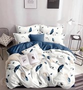 Lenjerie Pat Dublu, 4 Piese, Bumbac Satinat Superior - Alb Albastru Cu Pene