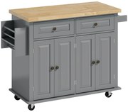 HOMCOM Căruț de Bucătărie cu 2 Sertare și 2 Dulapuri, Insulă de Bucătărie cu Blat din Lemn, 111x44,5x82,5 cm, Gri | Aosom Romania