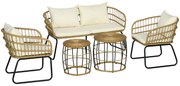 Outsunny Set de mobilier de grădină din răchită, Set de lounge pentru exterior, Stil Boho, Set de 5 piese, 145 x 70 x 78 cm, Crem + Natur + Negru | Aosom Romania