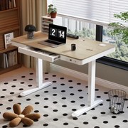 Birou Electric Reglabil pe Înălțime cu Sertar Ascuns, Încărcare Wireless & USB, Senzor de siguranță, 120x60, Stejar deschis/Alb