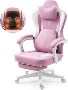 ErgoRelax Pro JD– Scaun Gaming Ergonomic, Masaj Lombar si Incalzire, Spătar Rabatabil 155°, Suport picioare, Material textil, Roz/Alb