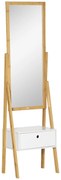 HOMCOM Oglindă de Podea Multifuncțională cu Sertar, Design Modern Dormitor și Coridor, MDF și Bambus, 45x30x160cm, Alb și Lemn | Aosom Romania