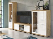 Mazzoni Mobilier perete SIMPLE Stejar Craft Auriu/Alb Luciu - COMODĂ TV VITRINĂ COMODĂ PENTRU LIVING