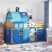 vidaXL Pat supraetajat cu perdele, albastru, 75x190 cm, lemn masiv pin