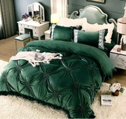 Lenjerie pat dublu, Catifea Deluxe, cu pliuri brodate, 4 piese, Verde