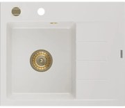 Mexen Ben chiuvetă de granit cu 1 cuvă și scurgător, stânga 600 x 500 mm, albă, sifon auriu - 6522605000-20-G