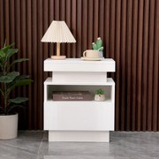 Noptieră cu un sertar și spațiu intermediar, iluminare LED, telecomanda, Alb, 45x35.5x52 cm