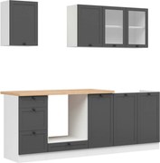 Set bucatarie JUNONA LINE, gri grafit/alb, PAL, 220 cm, cu blat stejar