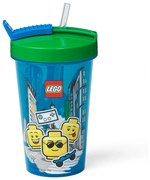 Pahar cu capac verde și pai LEGO® Iconic, 500 ml, albastru