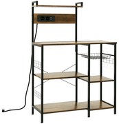 HOMCOM Raft de Bucatarie cu Prize Mutiple, Dulap Bucatarie pentru Microunde cu Rafturi si Cos din Sarma Stil Industrial, 90x42x130cm, Maro
