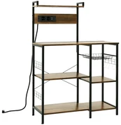 HOMCOM Raft de Bucatarie cu Prize Mutiple, Dulap Bucatarie pentru Microunde cu Rafturi si Cos din Sarma Stil Industrial, 90x42x130cm, Maro
