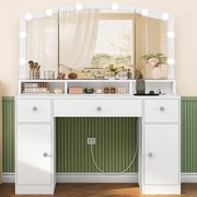 SEA817 - Set Masa toaleta 102 cm, cu Priza si USB, cu Manere tip Cristal, cosmetica, machiaj, oglinda cu LED, masuta vanity, make-up - Alb