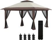 Outsunny Pavilion Pliabil Pop-Up 4x4 m cu Înălțime Reglabilă pe 3 Niveluri, Pavilion de Exterior cu Plasă de Țânțari, Saci de Nisip, Geantă de Transport, UV50+, pentru Grădină, Camping, Petreceri, Bej | Aosom Romania