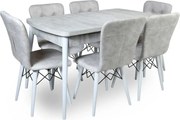 Set masa extensibila cu 6 scaune tapitate Homs cristal  bej-picior-alb-170 x 80 cm