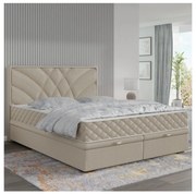 Pat tapițat GINA 160x200 cm, bej, cu saltele incluse și spațiu de depozitare
