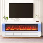Șemineu Electric cu Flacără LED în 7 Culori, Comodă TV, Bluetooth, Difuzoare Integrate, Iluminare LED Ambientală, Telecomandă, MDF, Finisaj Alb Oglindă