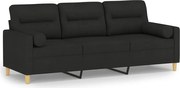 vidaXL Canapea cu 3 locuri cu pernuțe, negru, 180 cm, textil
