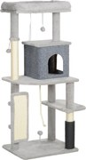 PawHut Ansamblu de Joacă pentru Pisici Multinivel Înalt 132 cm cu Căsuță, Culcuș, Stâlpi de Zgâriat, Perie și Minge, Gri | Aosom Romania