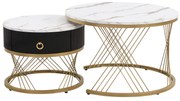 Set de 2 Măsuțe de Cafea Moderne Modulare din Marmură Sintetică cu Detalii Aurii și Sertare, Dimensiuni 70x70x45 cm și 50x50x40 cm, Alb