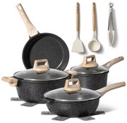 Set oale si tigaii Just Perfecto JL-32, 12 piese, Turnat, Acoperire din marmura, Inductie, Accesorii, Negru