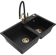 Mexen Tomas chiuvetă de granit cu 2 compartimente și baterie de bucătărie Duo, negru - 6516-77-671701-57-G