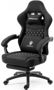 DOWINX Scaun gaming, ergonomic, suport lombar cu masaj, Șezut cu Arcuri Metalice și Spumă, Pernă de Gel, Spătar înalt, rabatabil 90°-135°, Buzunar depozitare, Suport picioare, rezistent 150 kg, material respirabil, Negru