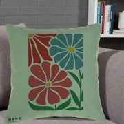 Perna Decorativa Flori Grafice Rosu-Albastru, 40x40 cm, Verde, Husa Detasabila, Perna Inclusa, BEKZ®