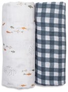 Lulujo – Set 2 museline bambus si bumbac 100 x 100 cm – Fish/Navy Gingham
