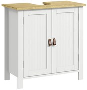 kleankin Mobilier sub-lavabo 2 usi raft reglabil 2 etaje interioare manere din PU 60 x 30 x 60 cm alb | Aosom Romania