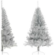 vidaXL Jumătate brad de Crăciun cu suport, argintiu, 150 cm, PET