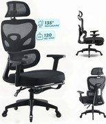 Scaun ergonomic, cotiere 3D, suport lombar adaptiv, spătar reglabil pe inaltime, tetiera 3D, suport pentru picioare, pivotant, Mesh, Negru