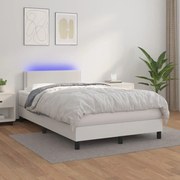 vidaXL Pat cu arcuri, saltea și LED, alb, 120x200 cm, piele ecologică