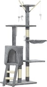 PawHut Turelă pentru pisici cu căsuță, stâlp de ascuțit gheare, platforme și 4 șoricei, din lemn, pluș și sisal, 50x35x134.2 cm, gri | Aosom Romania