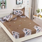 Husa de pat cu elastic din Bumbac Finet + 2 Fete de Perna, White Cat
