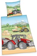 Lenjerie de pat din flanelă pentru copii Herding Tractor, 135 x 200 cm, 80 x 80 cm