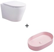 Set vas wc rimless cu capac soft close Oslo plus lavoar baie oval roz mat