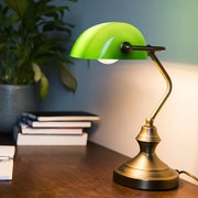 Lampă de masă clasică/Lampă de notar din bronz cu sticlă verde - Banker