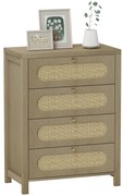 HOMCOM Comodă 4 sertare mobilier de depozitare stil boemian cu uși din răchită, 70 x 38 x 93 cm, efect lemn natural | Aosom Romania