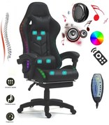 ALFORD Scaun gaming cu Masaj in 5 puncte, Perna lombara cu Masaj, Sistem iluminare banda LED RGB, Boxe Bluetooth, suport picioare, PU, Negru