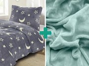 Lenjerie de pat fosforescenta din microplus BIG MOON gri + cearsaf microplus SOFT 90x200 cm mentol