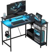 HOMCOM Birou de Gaming în Formă de L cu Lumini LED, Birou de Colț Reversibil cu Rafturi de Depozitare, 107x80x90 cm, Negru | Aosom Romania