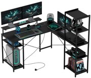 HOMCOM Birou în formă de L cu Stație de Încărcare, Birou de colț pentru calculator cu Suport pentru Monitor și Rafturi, pentru biroul acasă, birou, Negru | Aosom Romania