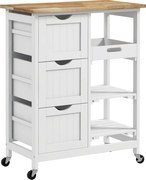HOMCOM Cărucior de Bucătărie cu Roți, Insulă de Bucătărie Compactă cu Blat din Lemn, Rafturi și Sertare, Alb | Aosom Romania
