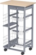 HOMCOM Carucior Bucatarie Multifunctional cu 3 Sertare Detasabile 2 Suporturi Sticle Lemn de Pin Metal 47x37x83cm Stejar Gri | Aosom Romania