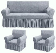 Set huse elastice pentru canapea 3 Locuri si 2 fotolii, cu volanas, model Jacquard Gri in dungi