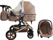 Carucior nou nascuti 3 in 1 Baby Care™ PRO 530 , Cu geanta bebe, Cadru Aluminiu Gold, Amortizoare, Roti din cauciuc plin AVE, Landou, Scoica auto,