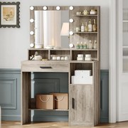 Masuta machiaj cu Oglinda LED si 1 Sertar pentru Cosmetice, Set Masa toaleta 80 cm, Alb / Negru / Gri, masuta cosmetica, vanity - SEG19