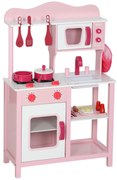 AIYAPLAY Bucătărie de Jucărie pentru Copii 3+ Ani cu Microonde, Plită și Chiuvetă, din Lemn, 55x24x86 cm, Roz | Aosom Romania